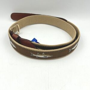 West Marine Belt Brown Tan Mens Size 36 Fish Embroidered Leather Canvas USA